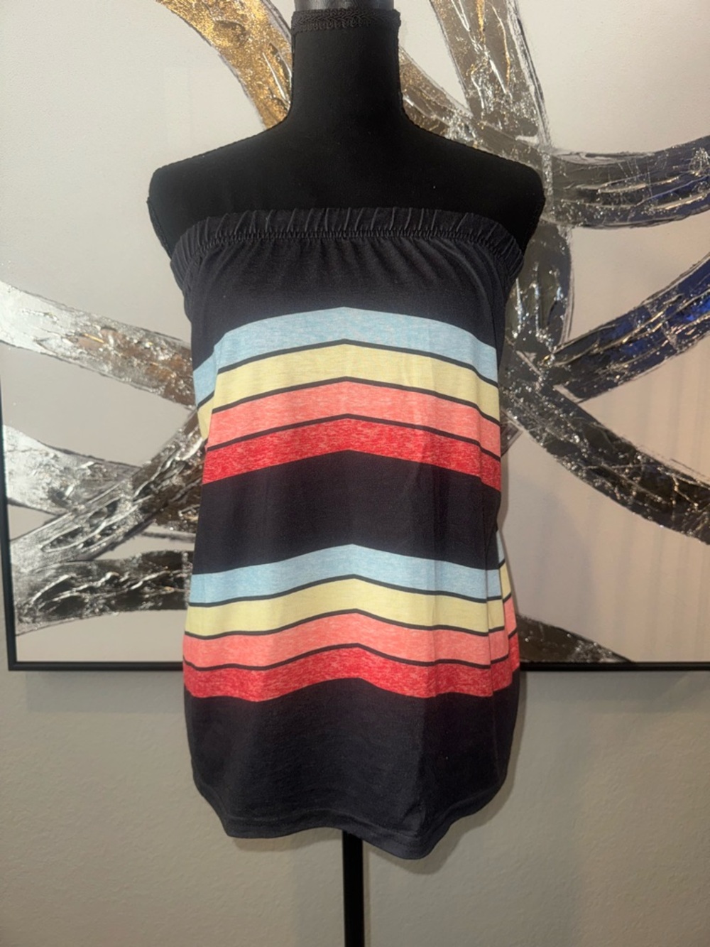 Striped Strapless Tube Top - Black with Multicolor Chevron Stripes